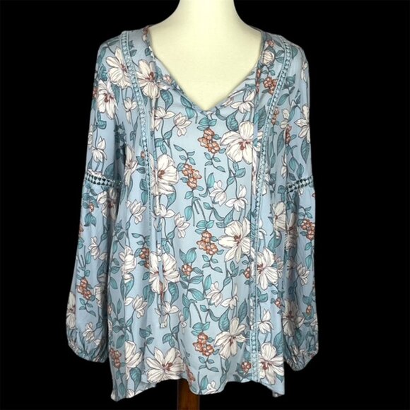 Cupio LS Tunic Top Sz L Blue Floral Fairy Festival Peasant Boho Gauzy Bloomcore - Picture 1 of 7